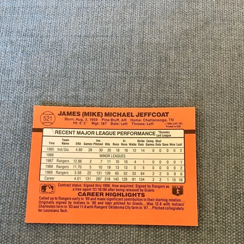1990 Donruss Texas Rangers Baseball Card Trading Card